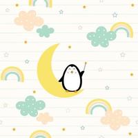 pinguïn staande op de maan patroon achtergrond met wolk en regenboog schattige cartoon dier karakter ontwerp idee, gebruikt voor afdrukken, geschenkverpakking, kinderkleding, textiel, vectorillustratie vector