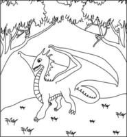 draak kleurplaat pagina 25. schattige draak met de natuur, groen gras, bomen op de achtergrond, vector zwart-wit kleurplaat.
