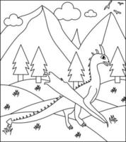 draak kleurplaat pagina 12. schattige draak met de natuur, groen gras, bomen op de achtergrond, vector zwart-wit kleurplaat.