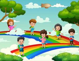 gelukkige schoolkinderen die zich op de regenboogillustratie bevinden vector