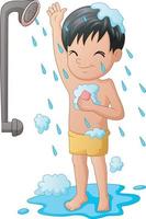 grappige kleine jongen in bad met douche vector