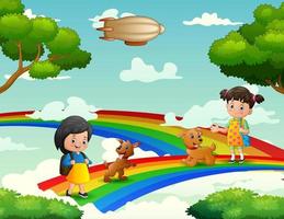 tekenfilm schattige meisjes die met hun huisdieren op de regenboog lopen vector