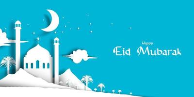 eid mubarak wenskaart illustratie, ramadan kareem cartoon vector wensen voor islamitisch festival voor banner met prachtige moskee in papieren stijl