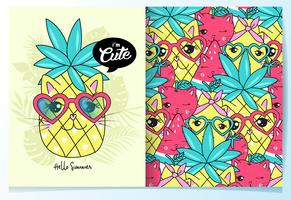 Hand getekend schattige ananas kat met patroon set vector