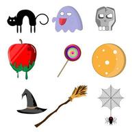 vector set met halloween illustraties en pictogrammen, zwarte kat, spook, hoofdbeen, vergif appel, regenboog snoep, volle maan, heks hoed en bezem, spinnenweb