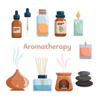 aromatherapie icon set met essentiële oliën voor spa en massage. flessen met natuurlijke aroma-oliën, kruiden, diffuser, kaars voor wellness en schoonheid, homeopathie en ayurveda-therapie. vector