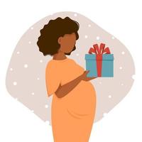 schattige zwangere vrouw houdt cadeau in haar handen. vectorillustratie in vlakke stijl. vector