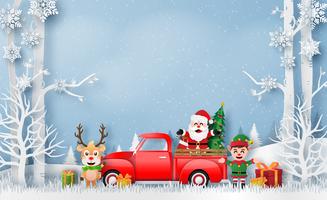 Kerstkaart met rode vrachtwagen met Santa Claus en rendieren vector