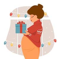 schattige zwangere vrouw houdt cadeau in haar handen. vectorillustratie in vlakke stijl. vector