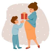 zoon geeft moeder kerstcadeau. zwangere vrouw geeft cadeau aan kind. concept van het vieren van nieuwjaar, verjaardag. vectorillustratie van vlakke stijl tekens.. vector