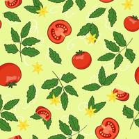 rijpe rode tomaten, bloemen en bladeren in naadloos botanisch patroon vector