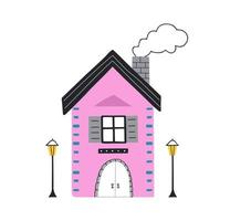 schattig hand getekend roze huis en twee lantaarns. trendy illustratie in vlakke stijl. vector