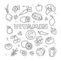 set van vitamine c bronnen. hand getekende illustratie. doodle natuurvoeding. vector zwart-wit overzicht.