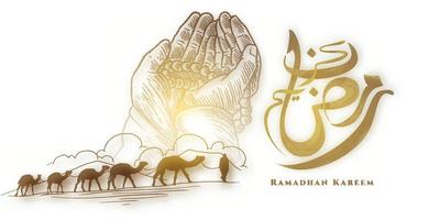 ramadan kareem achtergrond man brengt kamelen, hand bidden, kalligrafie vector