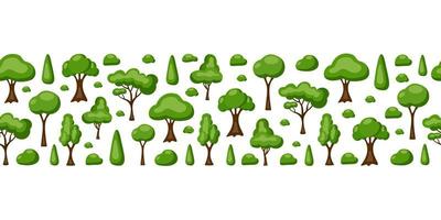 kleurrijke strip van cartoon groene bomen en stenen geïsoleerd op een witte achtergrond. moderne horizontale naadloze patroon. vector illustratie