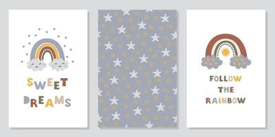 schattige posters met regenboog, tekst en naadloos patroon in scandinavische stijl. modern vectorontwerp voor kaart, kleding, babydouche, decoratie kinderspeelkamer, textiel, ansichtkaart. vector
