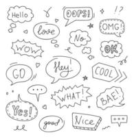 set tekstballonnen met tekst hallo, liefde, ok, wauw, nee. doodle schets stijl. vectorillustratie. vector