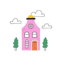 schattig hand getekend roze huis en twee bomen. trendy illustratie in vlakke stijl. vector