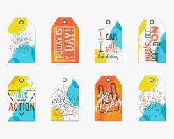 Verzameling van creatieve tags met inspiratie typografie gezegden, tekens. Set labels en motivatie vectorteksten - meer actie, hoger stijgen. Poster-sjablonen voor web, prints op t-shirt, tee-design vector