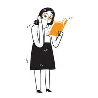 een vrouwelijke lerares beweegt haar bril om het een groot boek duidelijk te laten lezen vector