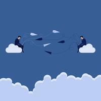 Twee bedrijfsmensen die op de wolk zitten die bericht van laptop naar elkaar verzenden vector