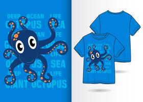 Hand getekend schattig octopus met t-shirt ontwerp vector