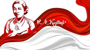 raden adjeng kartini de helden van vrouwen en mensenrecht in indonesië. pop-art met wapperende vlag achtergrond. - vector