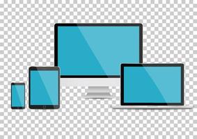 realistische computermonitor, laptop, tablet en smartphone met blauw scherm geïsoleerd op transparante achtergrond. kan gebruiken voor de presentatie van een sjabloonproject. elektronische gadget, apparaatmodelset. vector