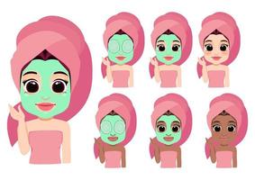set van ontspannen meisje in handdoek met gezichtsmasker, komkommer ooglapje huidverzorging platte pictogram ontwerp vector. vector