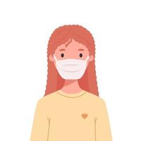 meisje met lang rood golvend haar in medisch masker. kinderavatar tijdens covid-19 coronavirus pandemie vector