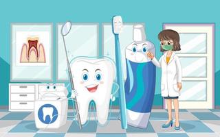 tandarts en tandheelkundige reinigingsapparatuur in de kliniek vector