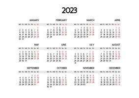 kalendersjabloon voor het jaar 2023. het begin van de week is maandag. markeer de gewenste feestdagen in het rood. vector