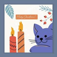 vrolijke kerstkaart met kitty kat en vakantie-elementen en symbolen. vector