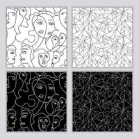 een reeks naadloze patronen van handgetekende abstracte gezichten van mannen en vrouwen in lijnkunststijl en rechte lijnen. moderne minimalistische zwart-wit tekening vector