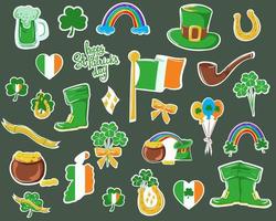 set van vector iconen en stickers voor st. Patrick's dag. symbolen van de vakantie klavertje drie, muntpot, regenboog, hoefijzer, pijp, groene laarzen en anderen