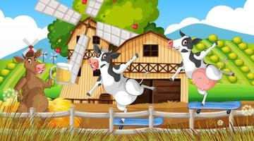 buiten koeienboerderij scène met vrolijke dieren cartoon vector