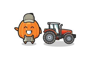 de mascotte van de pompoenboer die naast een tractor staat vector