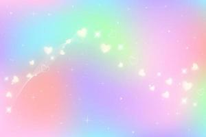 regenboog fantasie achtergrond. holografische illustratie in pastelkleuren. leuke cartoon girly achtergrond. heldere veelkleurige hemel met sterren en harten. vector. vector