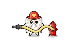 tempeh cartoon als brandweerman mascotte met waterslang vector