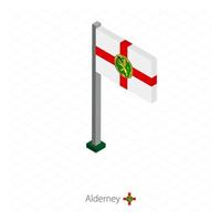 Alderney vlag op vlaggenmast in isometrische dimensie. vector