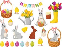 set van schattige Pasen stripfiguren en ontwerpelementen. paashaas, kippen, eieren en bloemen. vectorillustratie. vector