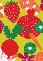 exotische groenten en fruit poster. zomer tropisch ontwerp met aardbei, granaatappel, kiwi, wortel, rode biet kleurrijke mix. gezonde voeding, veganistisch eten achtergrond vectorillustratie vector