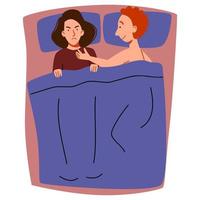 een paar mannen en vrouwen die in bed liggen. het concept van een seksueel of intiem probleem tussen romantische partners. het meisje weigert de man. in een vlakke stijl. vector