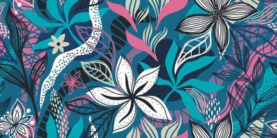 vector naadloze blauwe banner met witte bloemen en kleurrijke tropische bladeren
