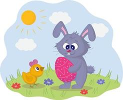 paashaas, kip en paasei. vectorillustratie in cartoon-stijl. voor uitnodigingen en ansichtkaarten. een schattig konijn houdt een paasei in zijn handen. vector