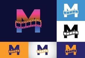eerste m monogram alfabet verwerkt met filmrol. video en film logo concept. lettertype embleem. logo voor de entertainmentbusiness en bedrijfsidentiteit vector