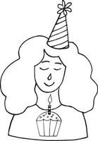 jonge vrouw in een feestmuts met een cupcake met brandende kaars. doe een wens op je verjaardag. getekende handpictogram. sjabloon voor kaart. monochroom. minimalisme vector