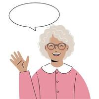 illustratie oude dame met een groet gebaar. oudere vrouw zegt hallo vector