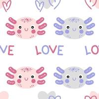 hand getekende naadloze patroon met axolotls gezichten en tekst liefde. vector