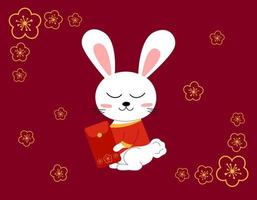 Chinees konijn 2023 symbool. schattige cartoon wit konijn in chinese kleding met rode envelop cadeau. bloemen gouden sakura sieraad op rode achtergrond. platte vectorillustratie vector